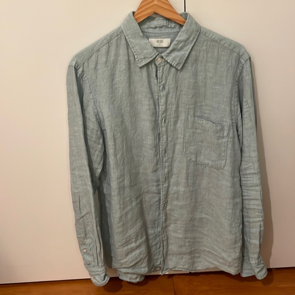 Uniqlo linen button down in light teal blue